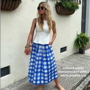 Zara Collection Blue and White Gingham Pleated A-Line Midi Skirt